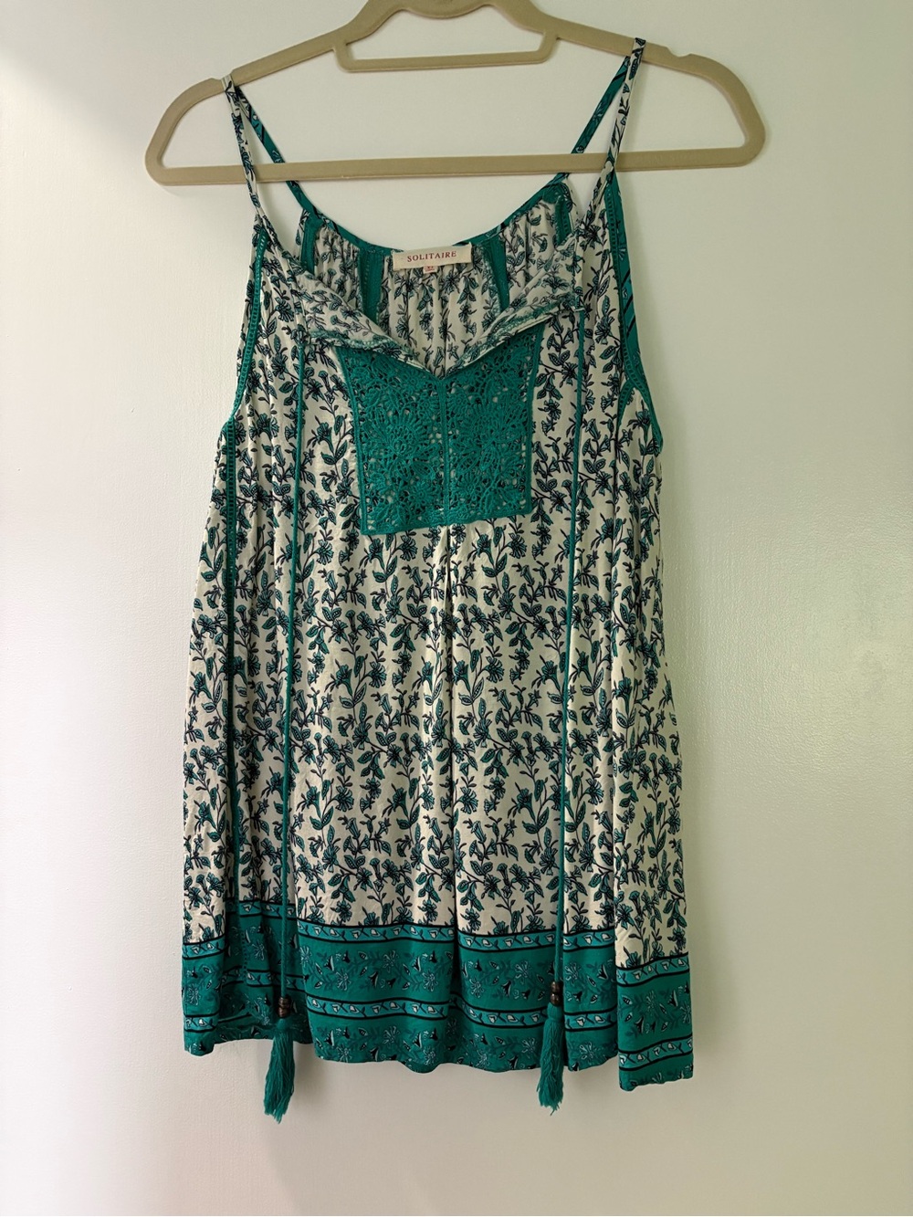 Solitaire Teal and Cream Floral Crochet-Accent Camisole